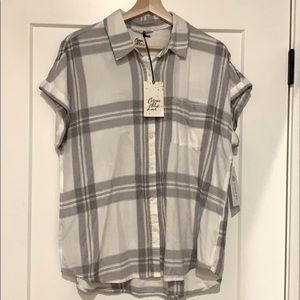 Neutral, plaid button up. Never worn.